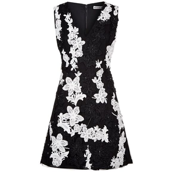 Alice + Olivia Floral Appliqué Sequin Lace Embellished Dress 8 - Picture 2 of 7
